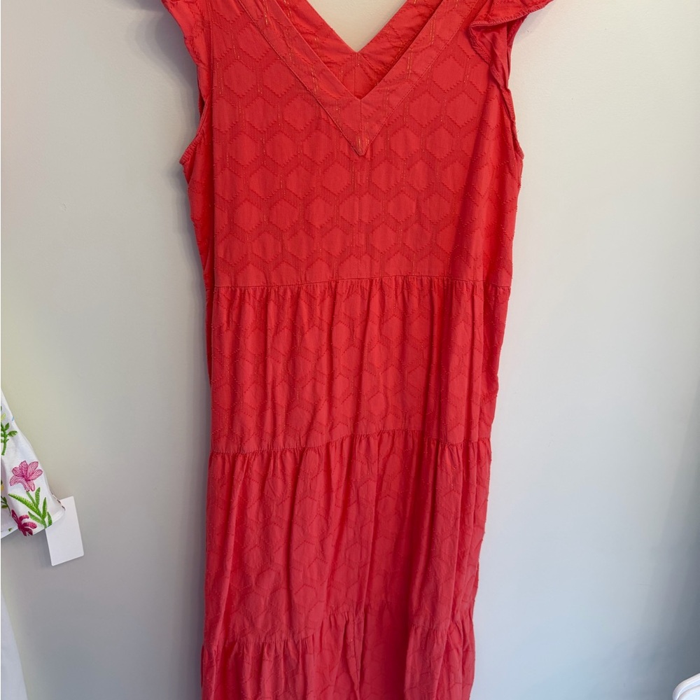 Women’s LOFT Coral with Gold Shimmer Clip Flutter Midi Dress Size Medium - Picture 4 of 6